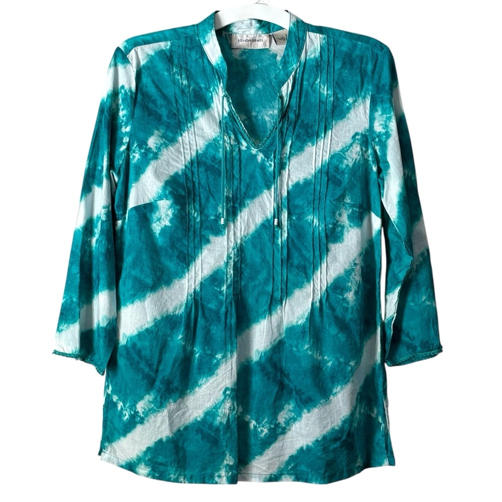 Lemon Grass Womens Small Teal White Tie Dyed Striped V-Neck Tunic Tassles Bead